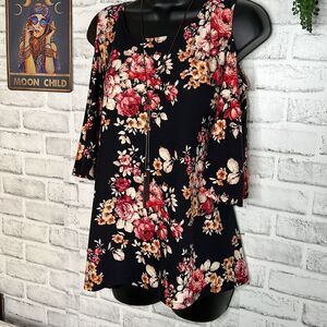 Star Vixen Open Shoulder Floral Top Shirt Boho Hippie Loose Oversized Medium